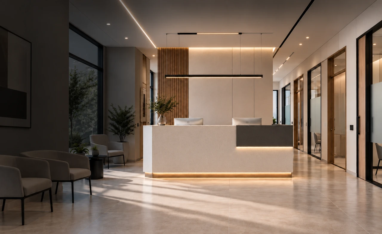 Visualisation d’un accueil de clinique contemporain : comptoir ivoire, cloisons vitrées et signature BERRADA sur le mur.