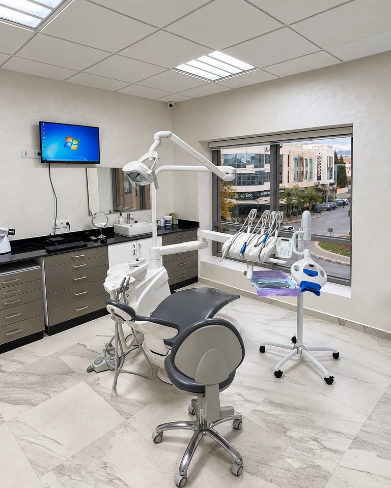 Salle de soins dentaires avec plans de travail et rangements au cabinet Dr Kadri Badr à Fès