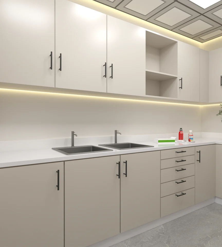 Plan de travail — rangements et deux bacs — Centre Dentaire Dr Hitmi Fatma à Fès — conception 3D