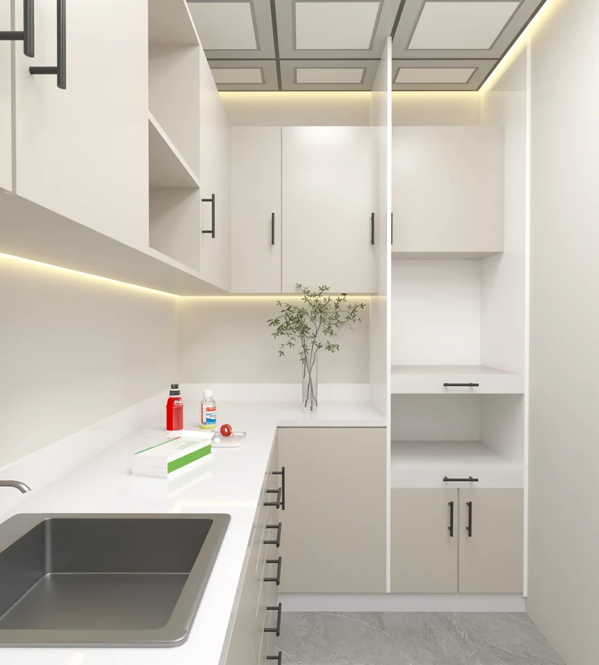 Plan de travail — retour et rangements — Centre dentaire Dr Hitmi Fatma à Fès — conception 3D