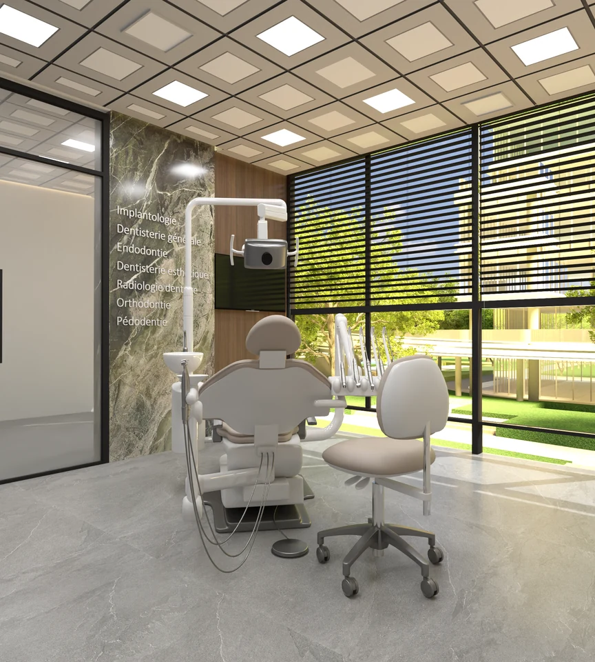 Soins — baie vitrée et variante de plafond — Centre dentaire Dr Hitmi Fatma à Fès — conception 3D