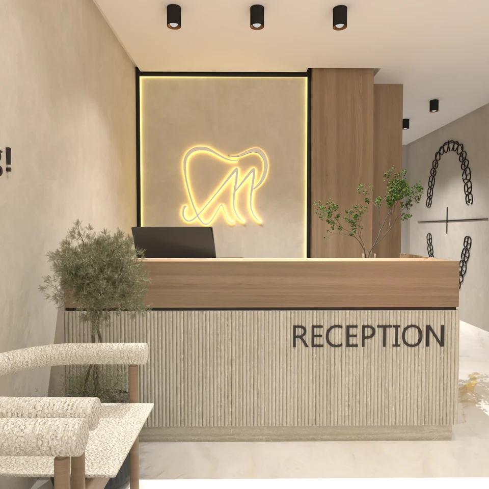 Accueil — détail du comptoir — Cabinet dentaire Dr Mahmoud Idrissi à Fès — conception 3D