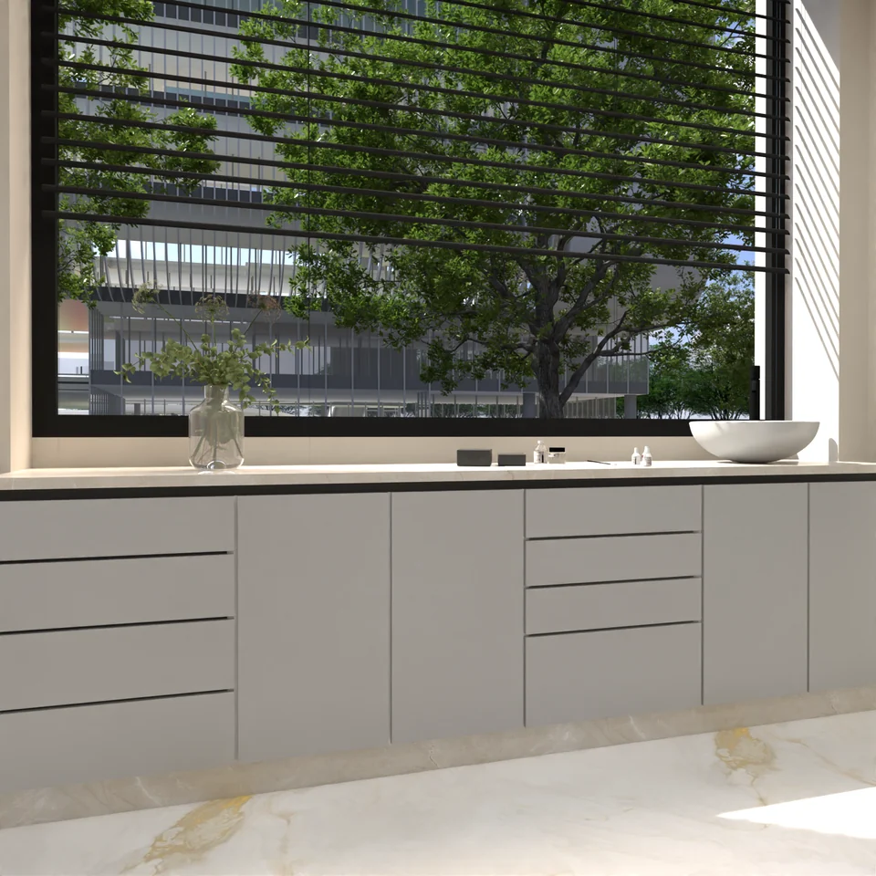 Rangements — détail sous la baie — Cabinet dentaire Dr Mahmoud Idrissi à Fès — conception 3D