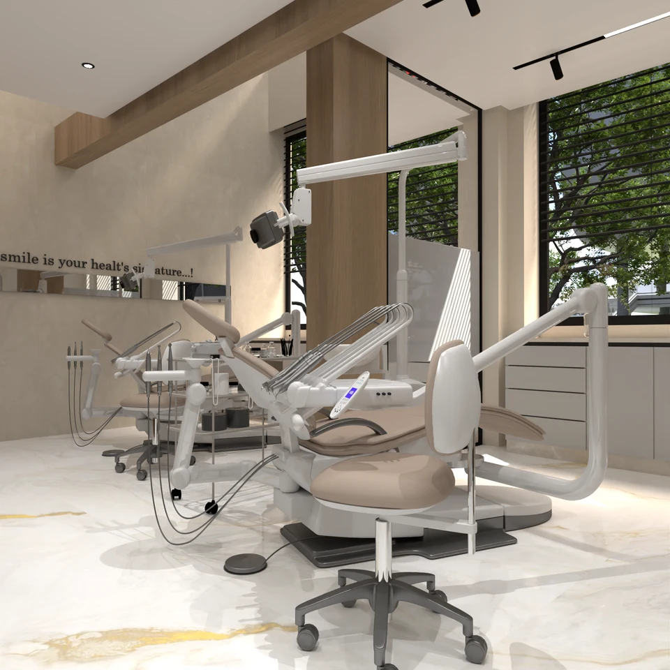 Espace de soins — vue d’ensemble — Cabinet dentaire Dr Mahmoud Idrissi à Fès — conception 3D