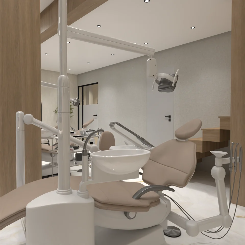 Espace de soins — autre angle — Cabinet dentaire Dr Mahmoud Idrissi à Fès — conception 3D
