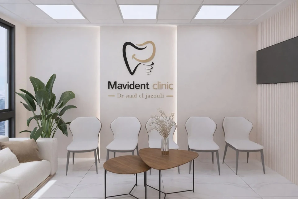 Salle d’attente — signalétique et mobilier — MAVIDENT — Dr Saad El Jazouli à Fès — conception 3D