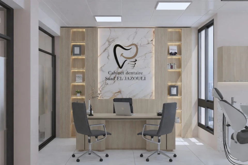 Bureau — mobilier et habillage mural éclairé — MAVIDENT — Dr Saad El Jazouli à Fès — conception 3D