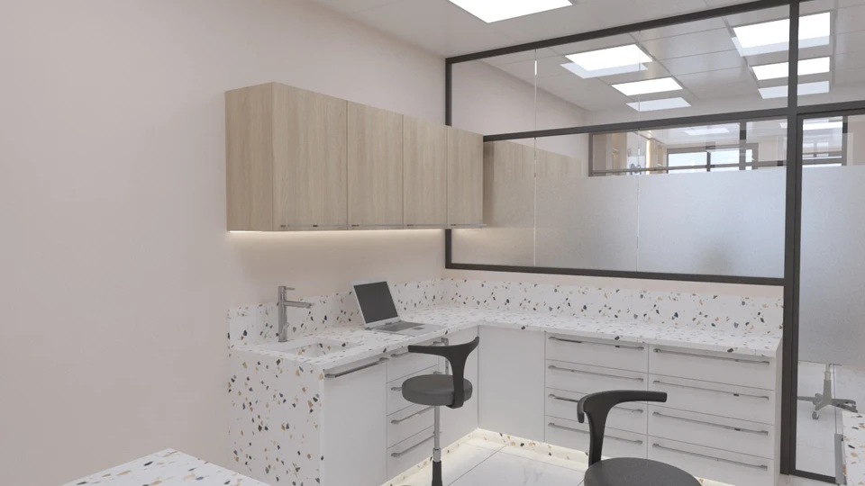 Plans de travail blancs — vue 1 — MAVIDENT — Dr Saad El Jazouli à Fès — conception 3D