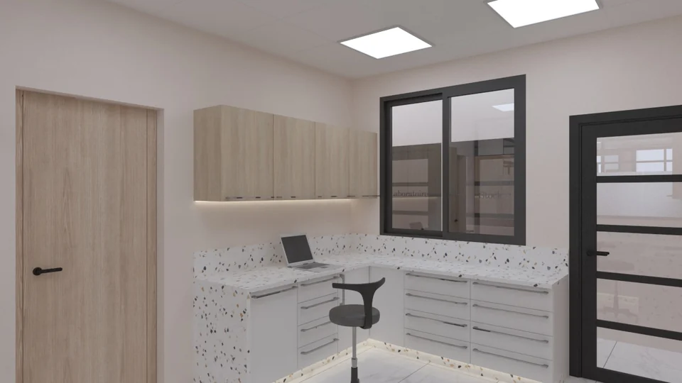 Plans de travail blancs — vue 2 — MAVIDENT — Dr Saad El Jazouli à Fès — conception 3D