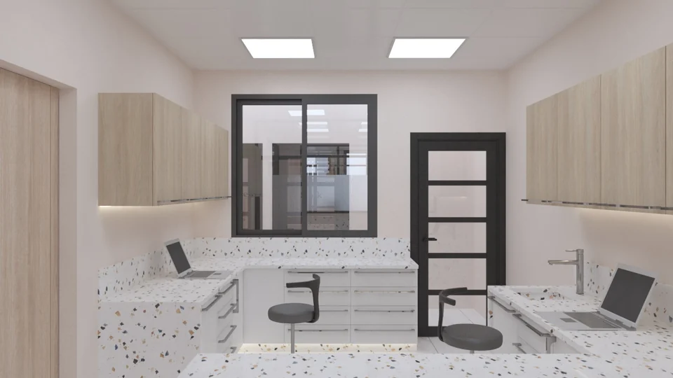 Plans de travail blancs — vue 3 — MAVIDENT — Dr Saad El Jazouli à Fès — conception 3D