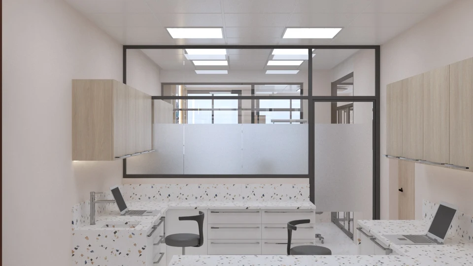 Plans de travail blancs — vue 4 — MAVIDENT — Dr Saad El Jazouli à Fès — conception 3D