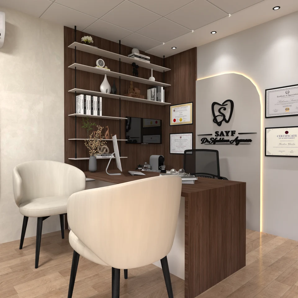 Bureau — habillage bois et bibliothèque — Centre Dentaire SAYF à Fès — conception 3D