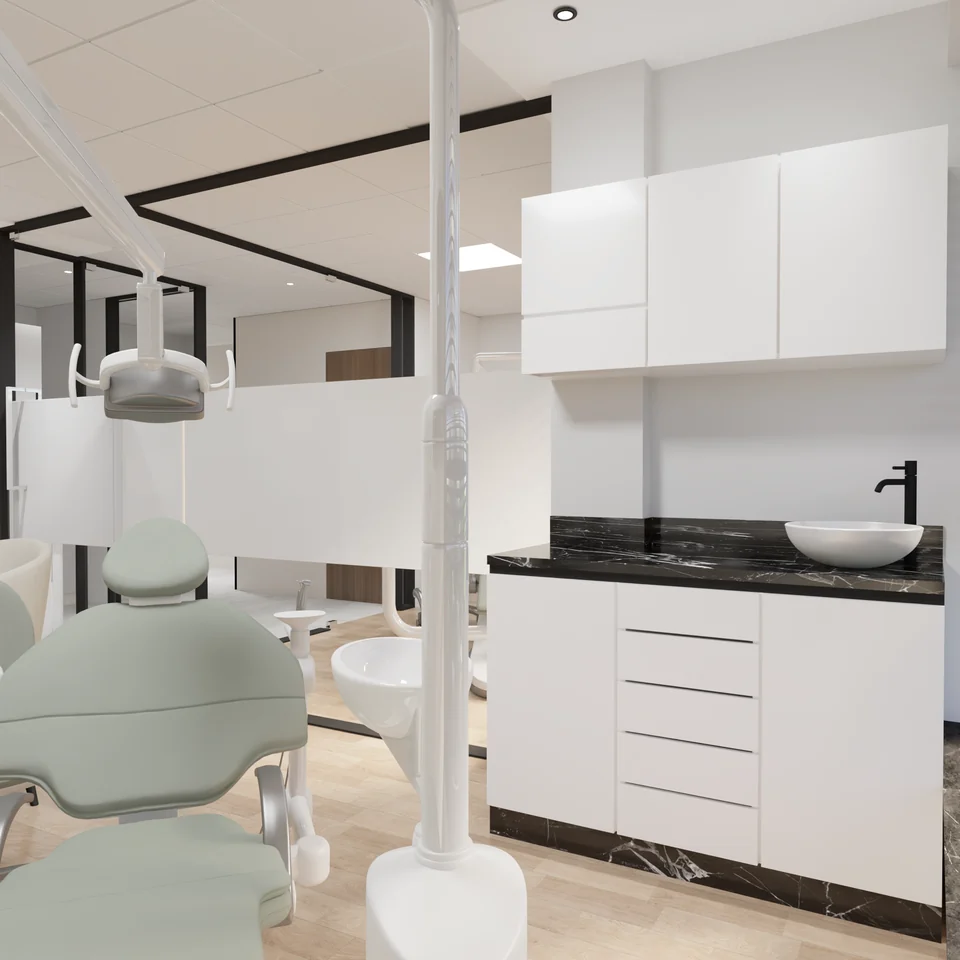 Espace de soins — cloison vitrée et rangements — Centre Dentaire SAYF à Fès — conception 3D